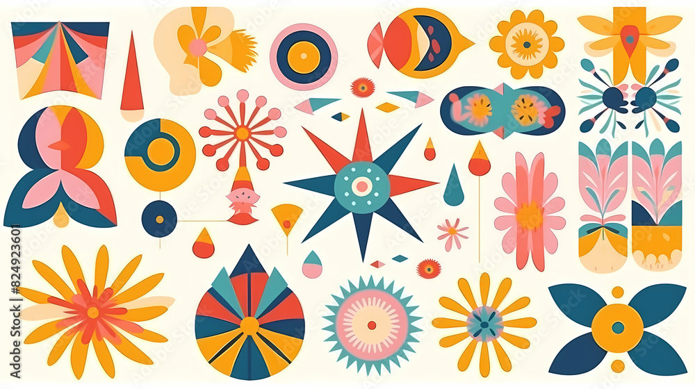 Set of abstract retro geometric shapes vector. Collection of contemporary figure, sparkle, arrow, flower in 70s groovy style Set of abstract retro geometric shapes vector. Collection of contemporary figure, sparkle, arrow, flower in 70s groovy style