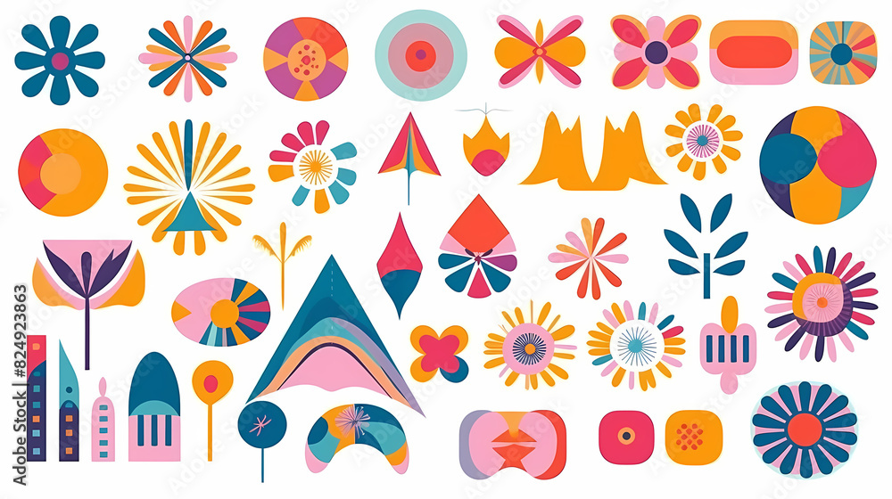 Set of abstract retro geometric shapes vector. Collection of contemporary figure, sparkle, arrow, flower in 70s groovy style Set of abstract retro geometric shapes vector. Collection of contemporary figure, sparkle, arrow, flower in 70s groovy style