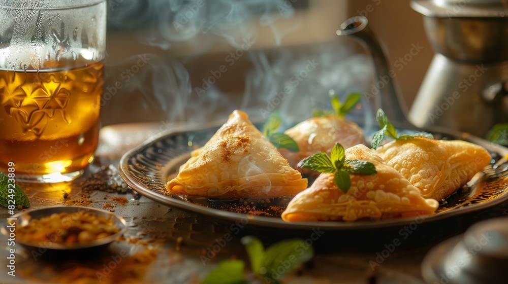 A plate of Moroccan bastilla with a glass of mint tea A plate of Moroccan bastilla with a glass of mint tea
