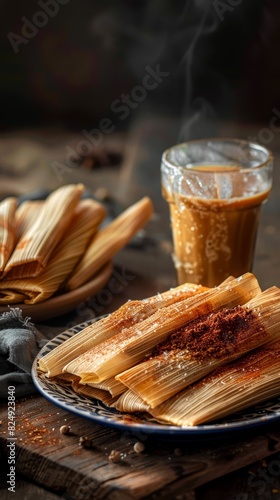 A plate of Mexican tamales with a glass of atole photo