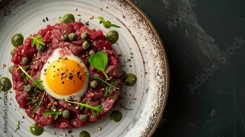Gourmet beef tartare topped with a quail egg yolk and capers, elegantly arranged on a ceramic plate