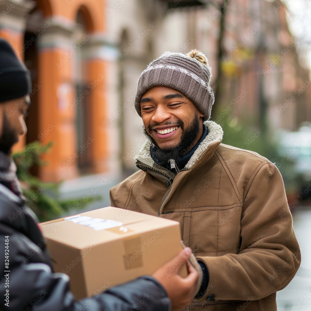 A smiling young man receiving his package from the delivery guy A smiling young man receiving his package from the delivery guy