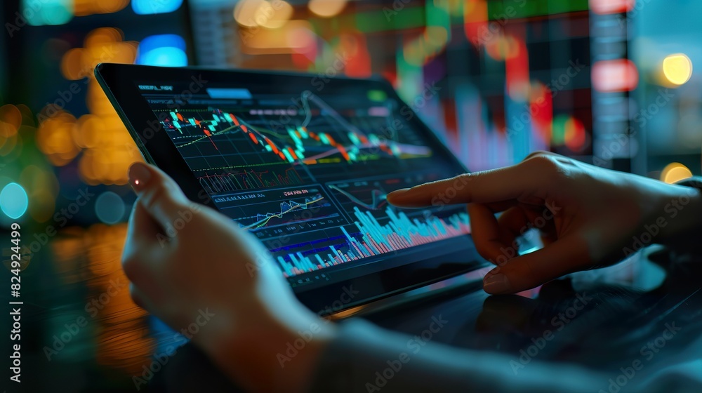 Investor analyzing global stock market trends on a tablet, surrounded by colorful graphs and financial reports Investor analyzing global stock market trends on a tablet, surrounded by colorful graphs and financial reports
