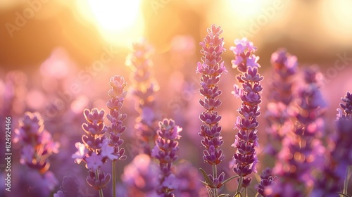  A vibrant image of a purple flower field bathed in sunlight, with the clouds softly blurred behind