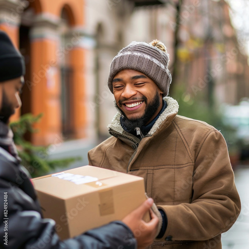 A smiling young man receiving his package from the delivery guy