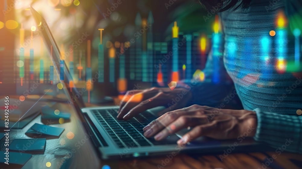 Investor reviewing real estate investment trust (REIT) performance on a laptop, surrounded by colorful financial charts and reports Investor reviewing real estate investment trust (REIT) performance on a laptop, surrounded by colorful financial charts and reports