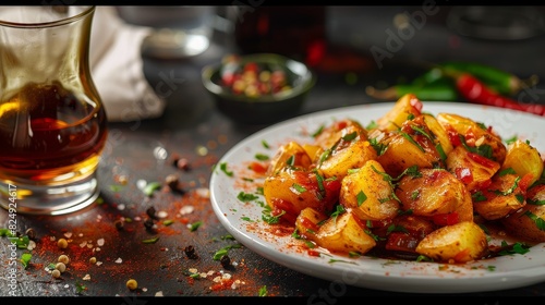 A plate of Spanish patatas bravas with a glass of vermouth