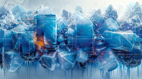 Geometric Style, A visually compelling image with blue ice textures, geometric forms, and gray lines, combined with colorful elements to represent modern technology and connectivity. Various colors, photo