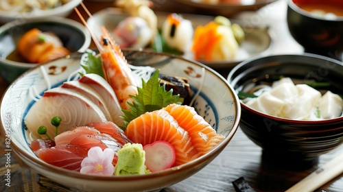 Japanese kaiseki meal featuring sashimi, tempura, and chawanmushi, served on elegant ceramic dishes photo