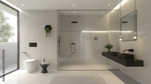 Minimalist bathroom with sleek black fixtures, a floating vanity, and a frameless glass shower enclosure