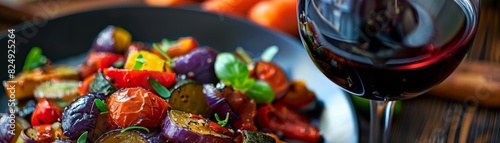 A platter of French ratatouille with a glass of red wine photo