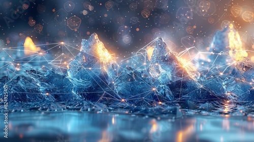 Geometric Style, An abstract technology background showcasing blue ice textures intertwined with geometric colorful patterns and a web of gray lines, representing a connected digital world. Various