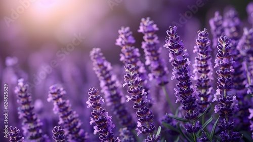  A field of vibrant lavender flowers bathed in golden sunlight, with a soft bokeh effect on the flower clusters in the foreground