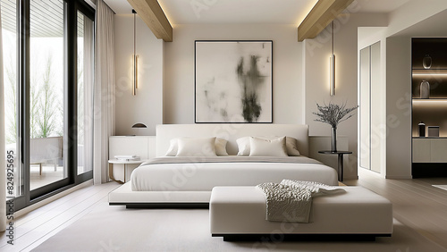 Simple and modern bedroom with beautiful light. Real estate  villa  sofa  minimalist room  copy space  mock up