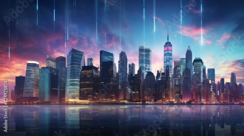 Futuristic city skyline illuminated at sunset, with towering skyscrapers reflecting on calm water under a colorful, vibrant sky.