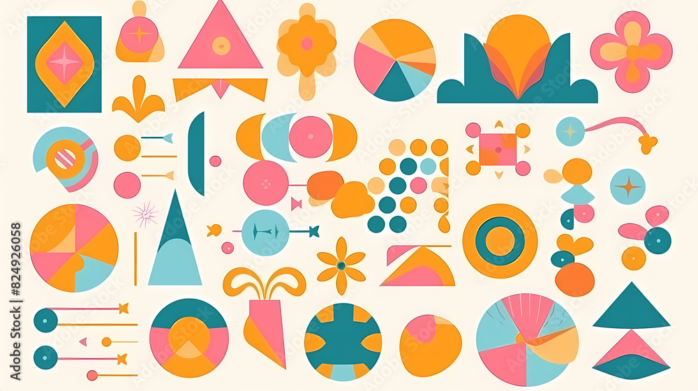 Set of abstract retro geometric shapes vector. Collection of contemporary figure, sparkle, arrow, flower in 70s groovy style Set of abstract retro geometric shapes vector. Collection of contemporary figure, sparkle, arrow, flower in 70s groovy style