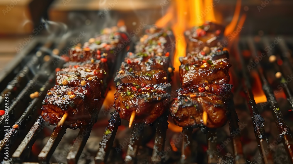 A close-up of juicy meat sizzling on a grill, surrounded by fiery flames A close-up of juicy meat sizzling on a grill, surrounded by fiery flames