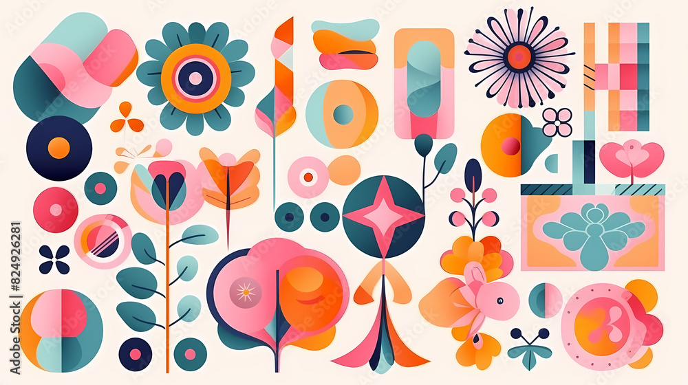 Set of abstract retro geometric shapes vector. Collection of contemporary figure, sparkle, arrow, flower in 70s groovy style Set of abstract retro geometric shapes vector. Collection of contemporary figure, sparkle, arrow, flower in 70s groovy style