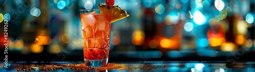 A refreshing Singapore Sling with pineapple and cherry garnish, served in a stylish hotel bar photo
