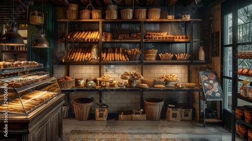 A rustic Spanish bakery with a display of churros and pastries, with traditional tile flooring and wooden shelves photo