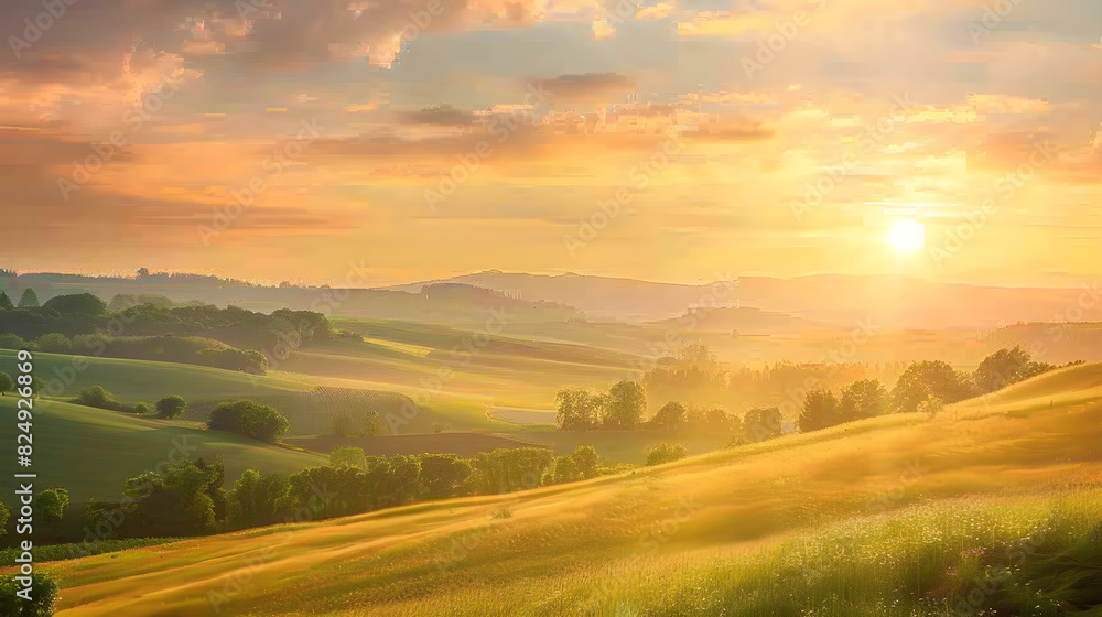 Embrace New Beginnings: A Serene Sunrise Over Rolling Countryside Hills - Nature's Morning Grace