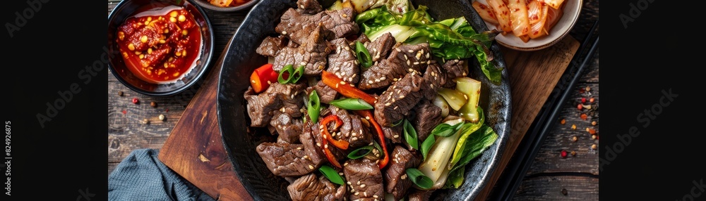 A serving of beef bulgogi with grilled vegetables and a side of kimchi on a traditional Korean table A serving of beef bulgogi with grilled vegetables and a side of kimchi on a traditional Korean table