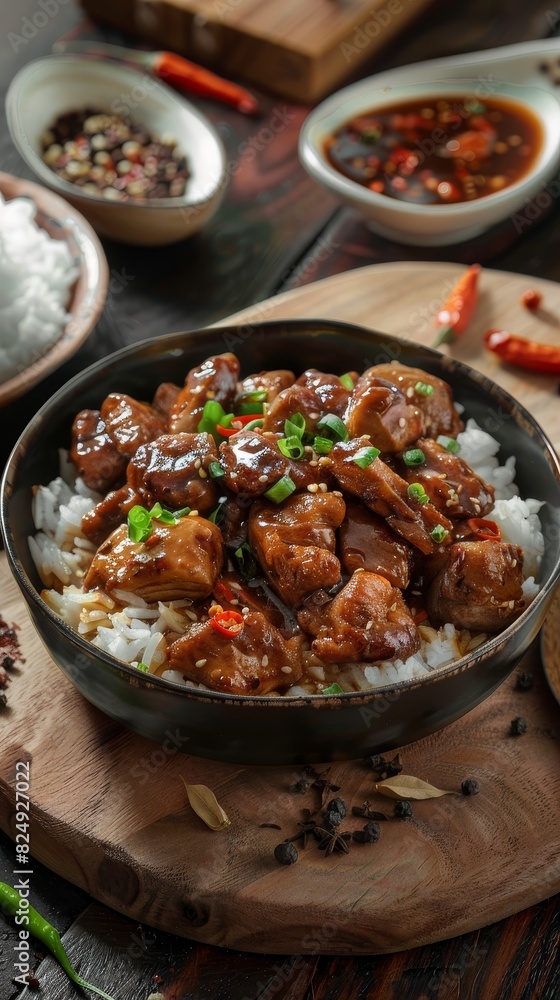 A serving of chicken adobo with tender chicken pieces in a soyvinegar sauce, served with steamed rice in a Filipino home setting A serving of chicken adobo with tender chicken pieces in a soyvinegar sauce, served with steamed rice in a Filipino home setting