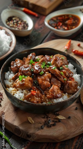 A serving of chicken adobo with tender chicken pieces in a soyvinegar sauce, served with steamed rice in a Filipino home setting