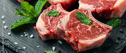 Raw lamb chops seasoned with garlic and rosemary, placed on a rustic stone slate beside mint leaves photo