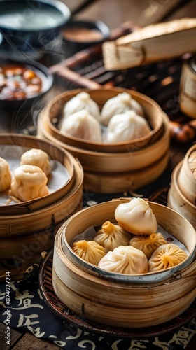 A serving of dim sum with a variety of dumplings and buns in bamboo steamers on a traditional Chinese tablecloth