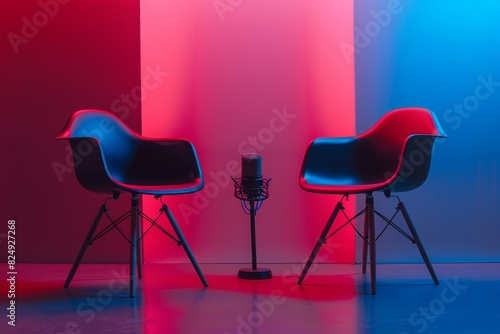 two chairs and microphones in podcast or interview room isolated on neon background as a wide banner for media conversations or podcast streamers concepts