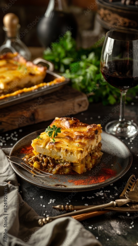 A serving of Greek moussaka with a glass of ouzo A serving of Greek moussaka with a glass of ouzo