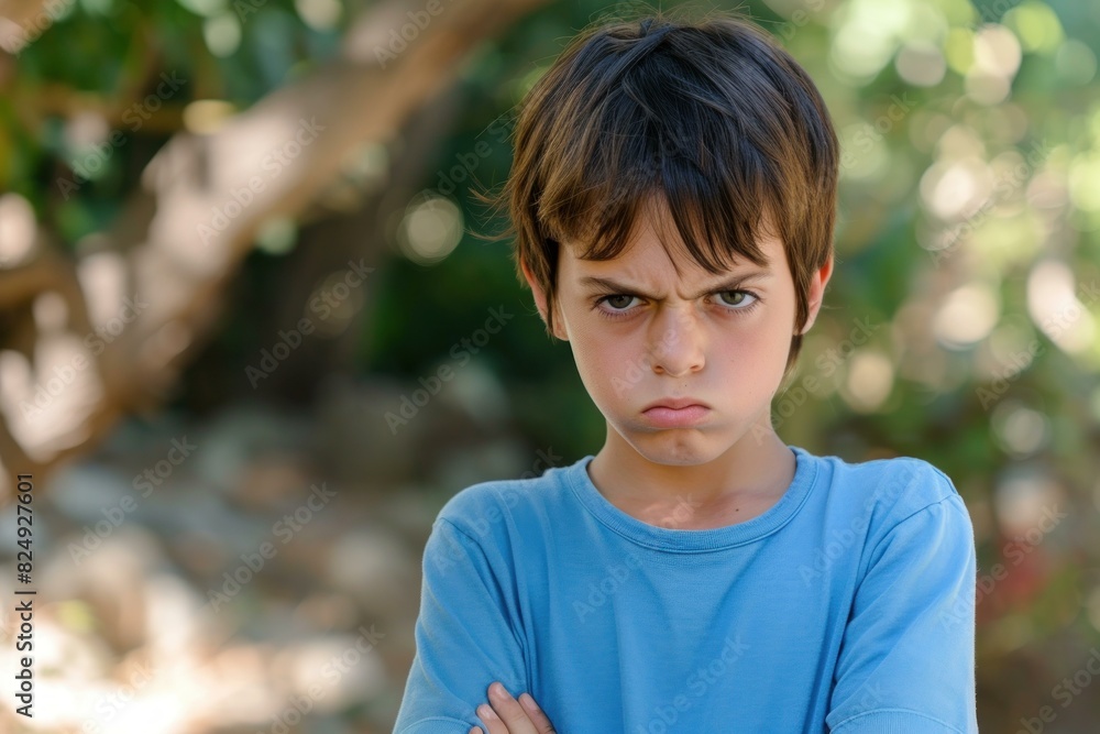 Preteen boy with a frown and crossed arms expressing frustration outdoors Preteen boy with a frown and crossed arms expressing frustration outdoors