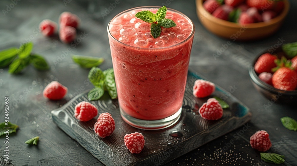 A glass of raspberry smoothie with raspberries and mint on a slate board A glass of raspberry smoothie with raspberries and mint on a slate board