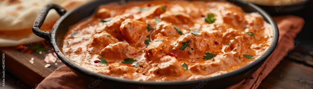 A serving of Indian butter chicken with creamy tomato sauce and naan bread in a colorful Indian restaurant A serving of Indian butter chicken with creamy tomato sauce and naan bread in a colorful Indian restaurant