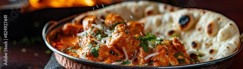 A serving of Indian butter chicken with creamy tomato sauce and naan bread in a colorful Indian restaurant photo