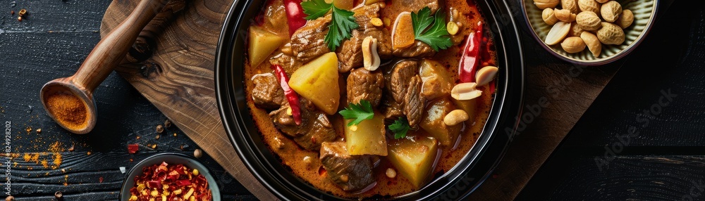A serving of massaman curry with tender beef, potatoes, and peanuts in a Thai home kitchen A serving of massaman curry with tender beef, potatoes, and peanuts in a Thai home kitchen
