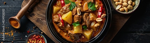 A serving of massaman curry with tender beef, potatoes, and peanuts in a Thai home kitchen photo