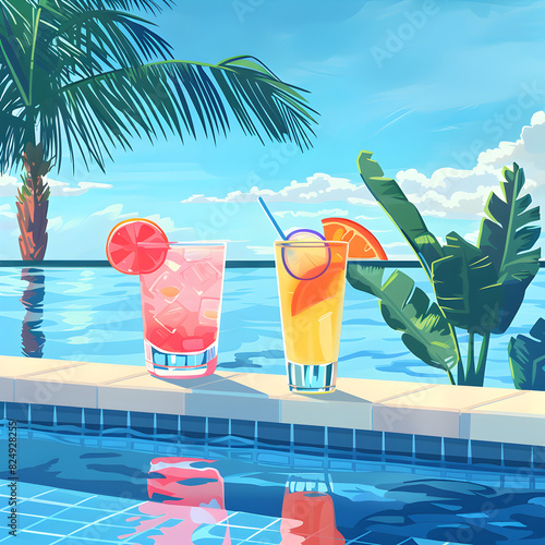 Poolside with Drinks Summer Wallpaper, it is the refreshing drinks that you can sip while you lounge around the pool.