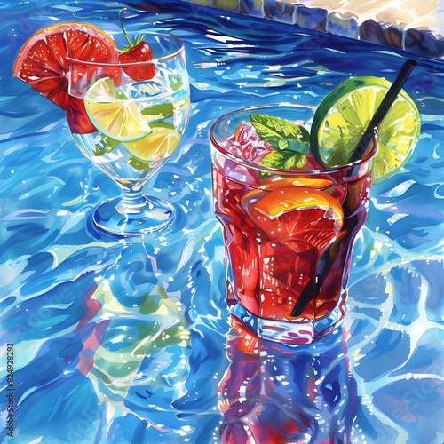 Poolside with Drinks Summer Wallpaper, it is the refreshing drinks that you can sip while you lounge around the pool.