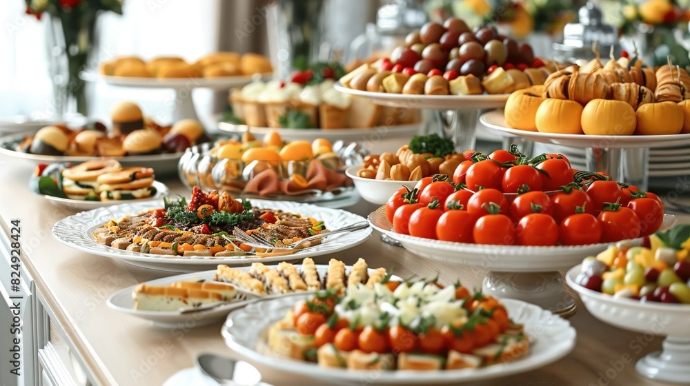   A table laden with various dishes atop a wooden surface beside a window