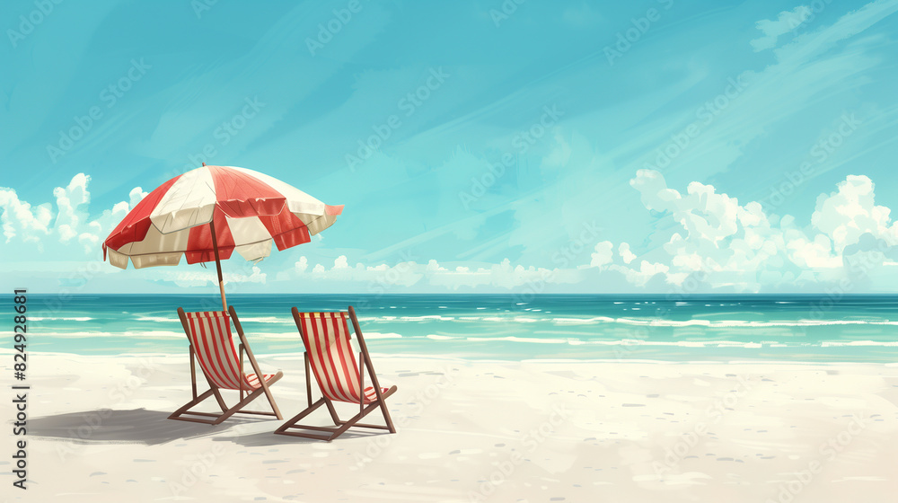 Two deck chairs and striped umbrella on an empty beach