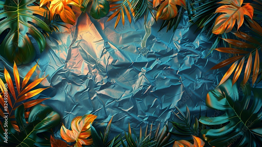 Textures background A detailed and abstract background combining tropical foliage and leaves with a wrinkled plastic wrap texture and grunge metal, framed in an instant photo style for a vintage Textures background A detailed and abstract background combining tropical foliage and leaves with a wrinkled plastic wrap texture and grunge metal, framed in an instant photo style for a vintage