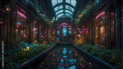 An urban space decorated with intricate mechanical flowers and glowing neon vines. photo
