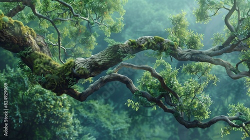 a stunning  ultra-realistic image of a grand  ancient tree branch arching gracefully over a tranquil natural backdrop.