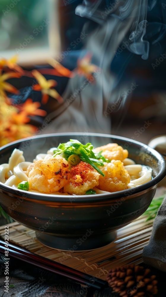 A steaming bowl of udon noodles with tempura and fresh vegetables in a Japanese noodle house A steaming bowl of udon noodles with tempura and fresh vegetables in a Japanese noodle house