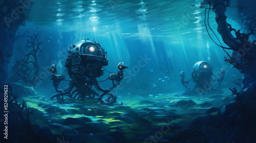 Futuristic underwater scene featuring two robotic octopuses exploring a deep ocean environment, surrounded by eerie blue light and shadows.