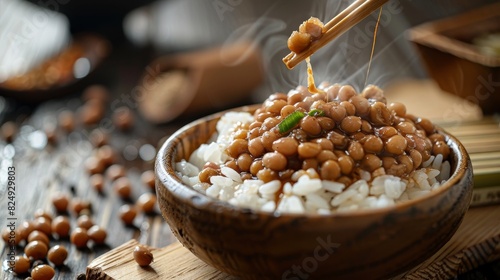 A traditional dish of natto fermented soybeans stirred and served over rice in a wooden bowl, showcasing the stringy texture vividly photo