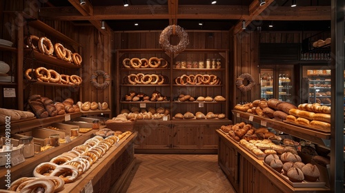 A traditional German bakery with pretzels and various breads displayed on wooden shelves, with a warm and inviting atmosphere photo