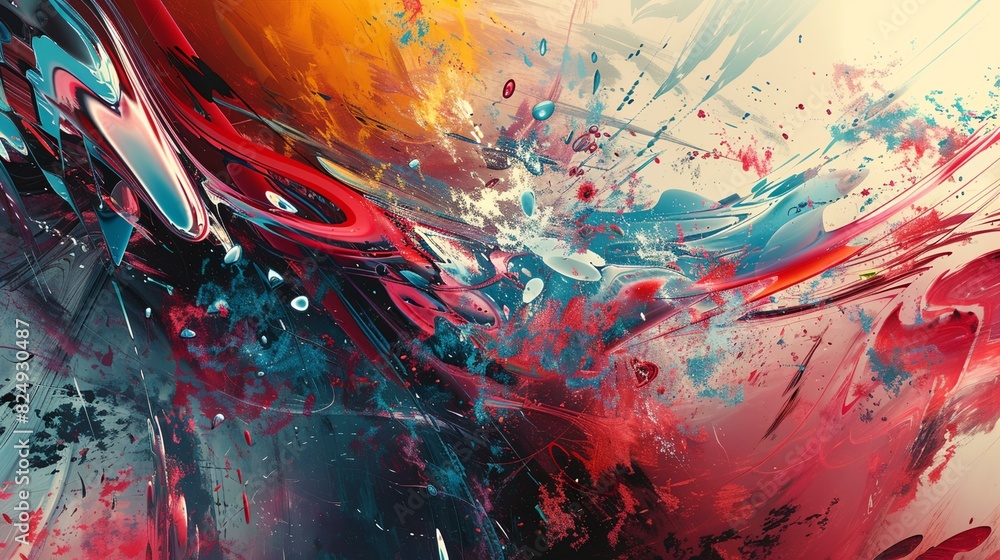 a painting of a red, blue and yellow abstract design with white paint splatters a painting of a red, blue and yellow abstract design with white paint splatters